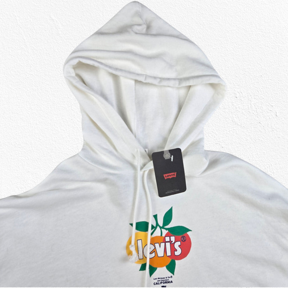 Levi’s White Cropped Graphic Hoodie California Fruit Logo Sweatshirt Size Medium - Picture 3 of 9